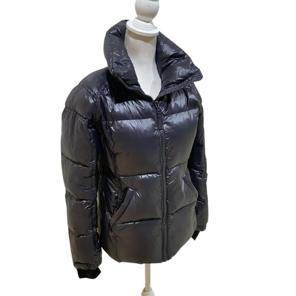 Aqua black puffer zip up jacket detachable faux tan fur trimmed hoodie small - Picture 8 of 16